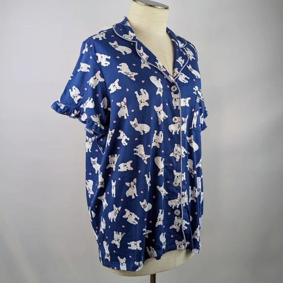 René Rofé French Bulldog Print PJ Set Short Sleeve Top Shorts Navy White L NWT - Picture 7 of 12